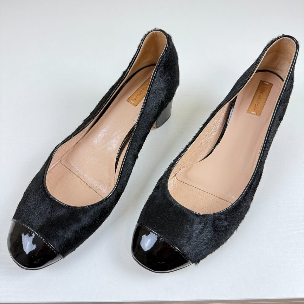 EUC Reed Krakoff Black Calf Hair & Patent Cap-Toe Pumps